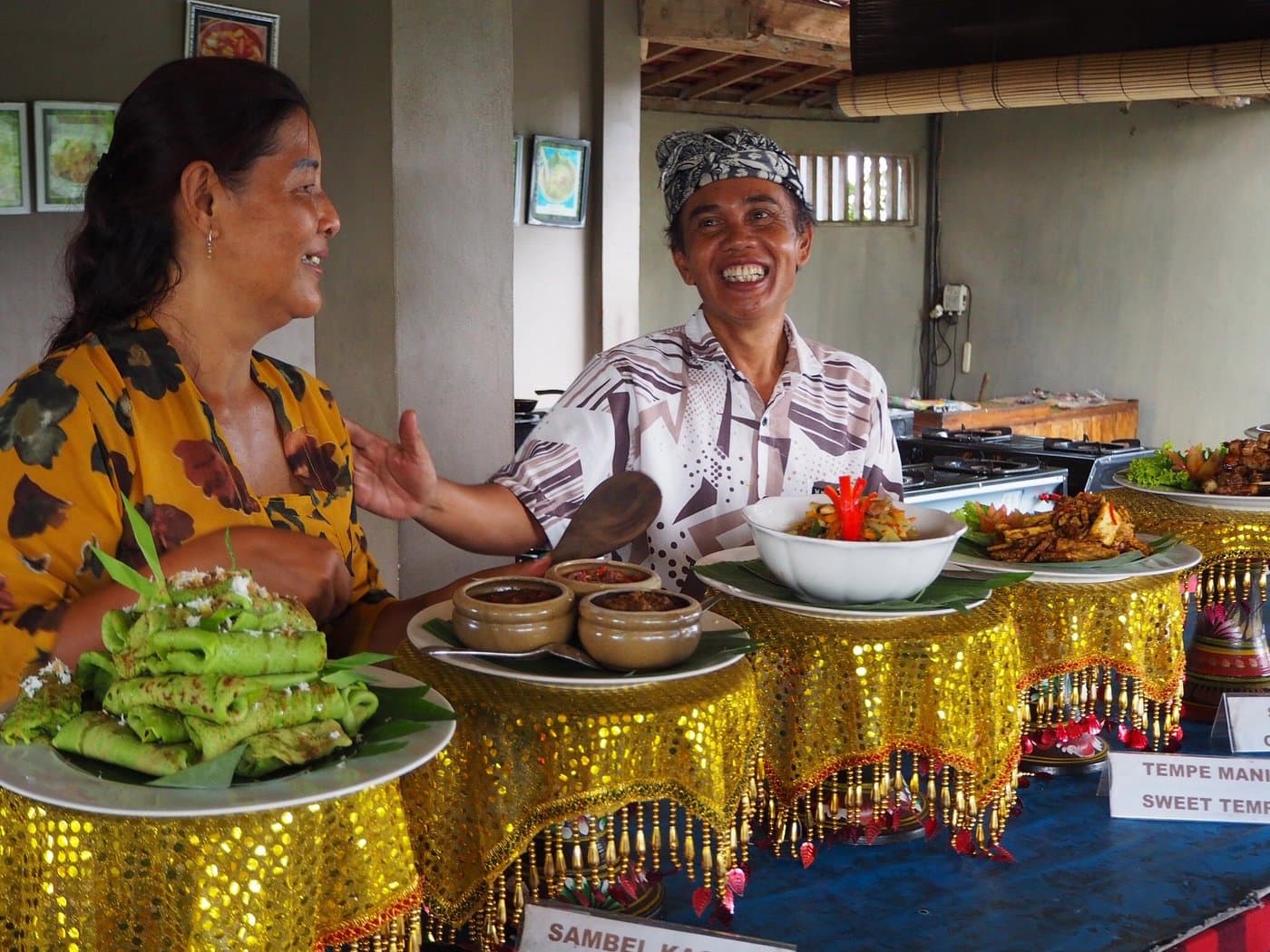 Chef Wayan Suryana with Balinese dishes at Tumang Bali Cooking Class in Ubud